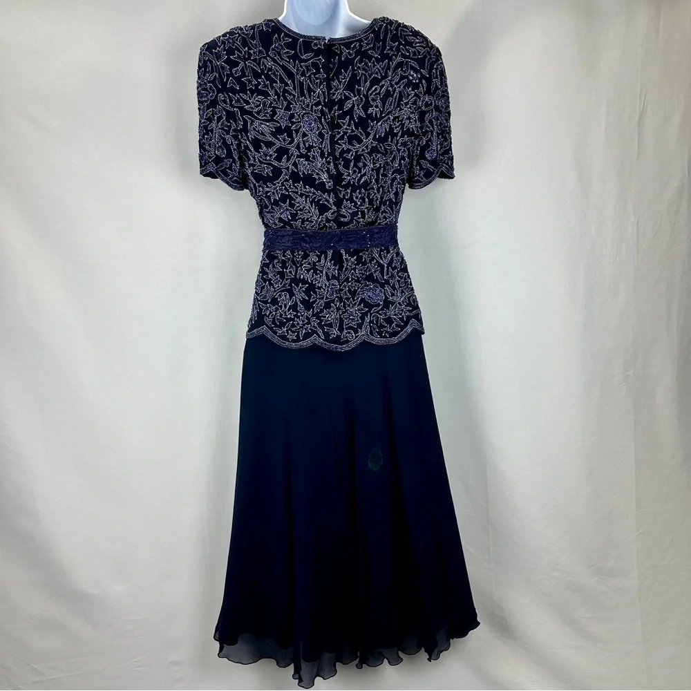 Papell Boutique Silk Beaded Dress Navy Blue Size 8 - Picture 9 of 9